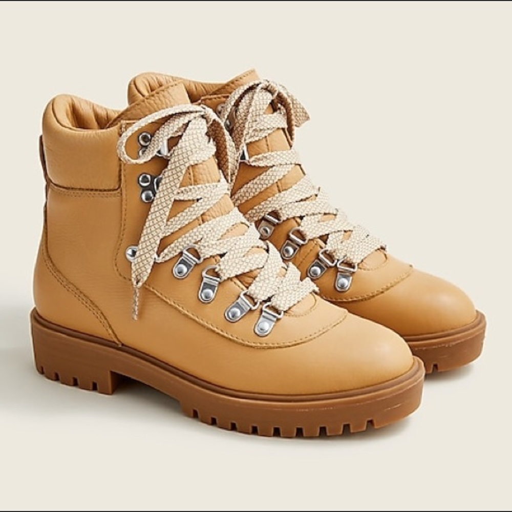 New $198 J Crew Lightweight Leather Nordic Hiking Combat Lug Boots Shoes Caramel